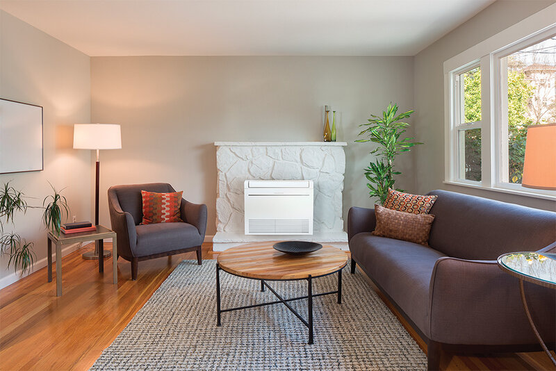 floor console in old fireplace